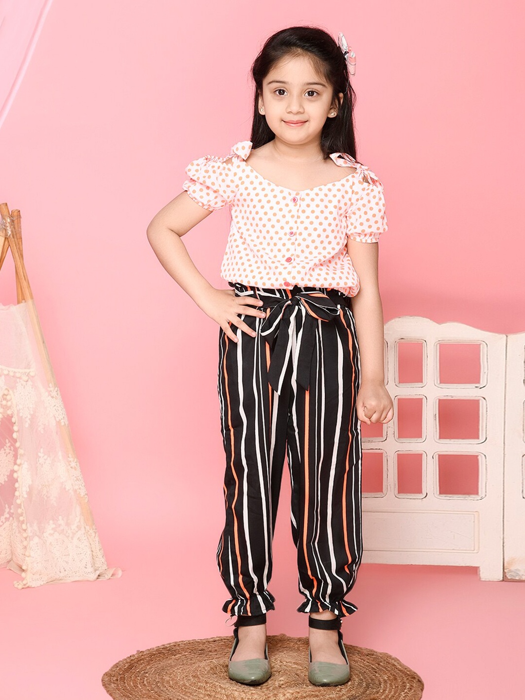 

LilPicks Girls White & Black Printed Top with Trousers