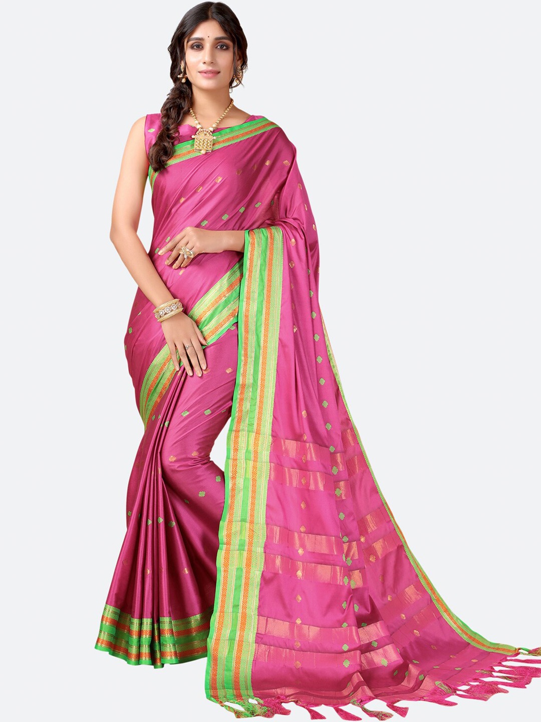 

SIRIL Pink & Green Woven Design Zari Narayan Peth Saree