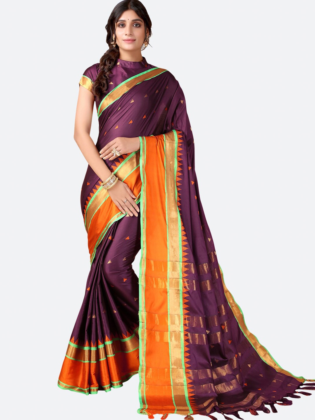 

SIRIL Purple & Gold-Toned Woven Design Zari Narayan Peth Saree