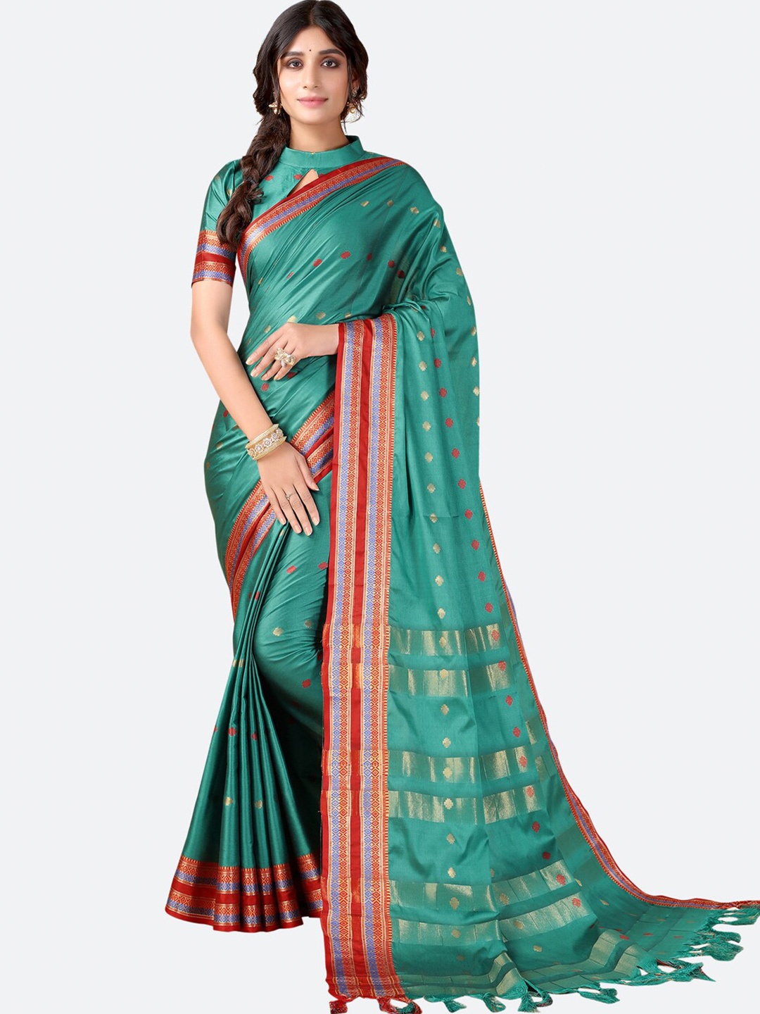 

SIRIL Green & Pink Woven Design Zari Narayan Peth Saree