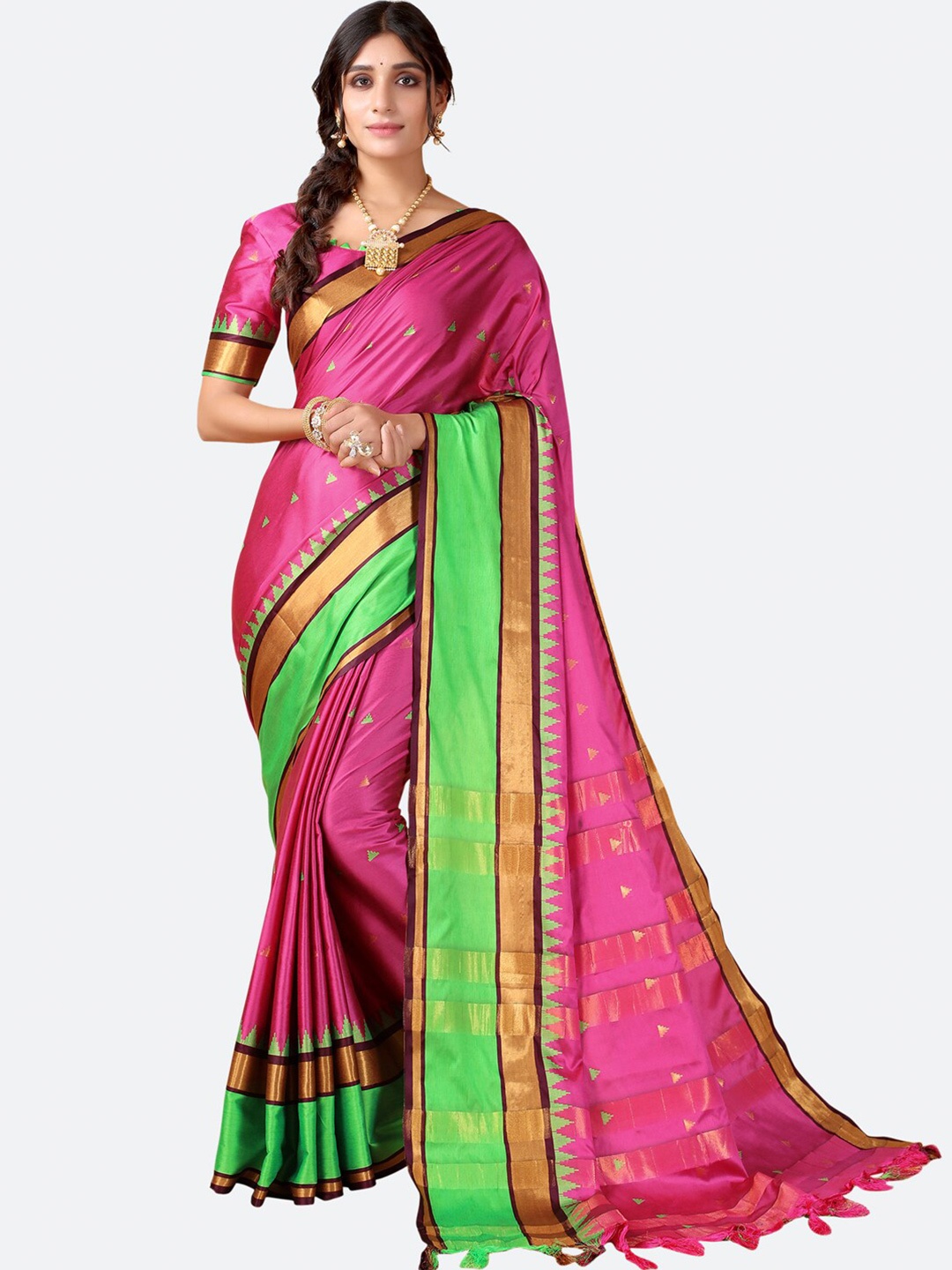 

SIRIL Pink & Green Woven Design Zari Narayan Peth Saree