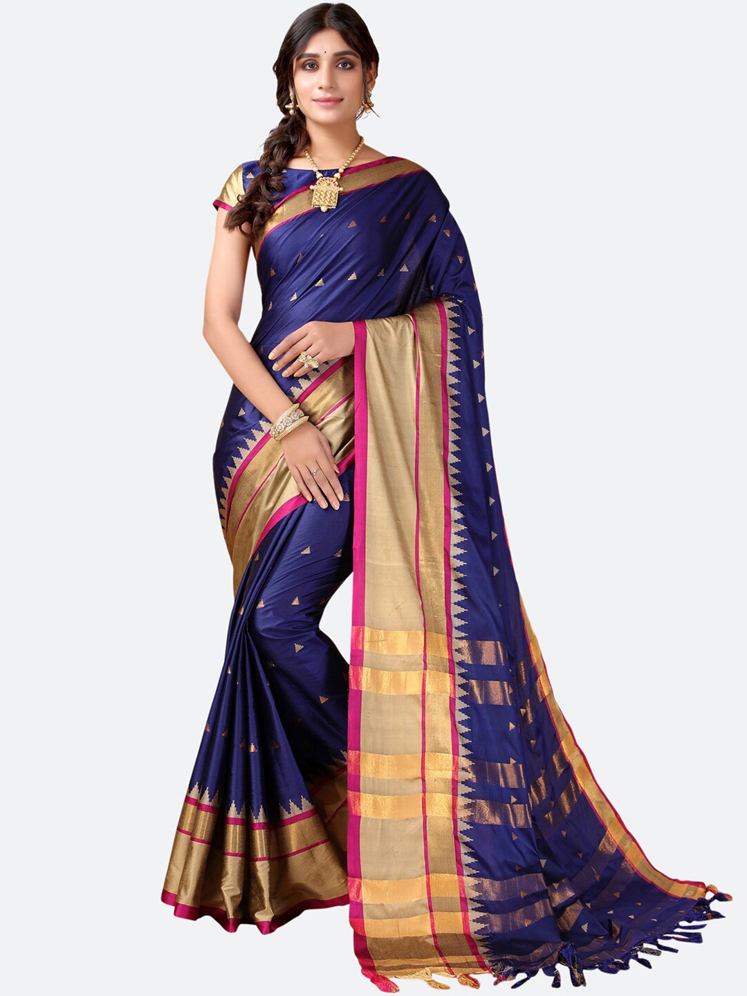 

SIRIL Navy Blue & Magenta Woven Design Zari Narayan Peth Saree