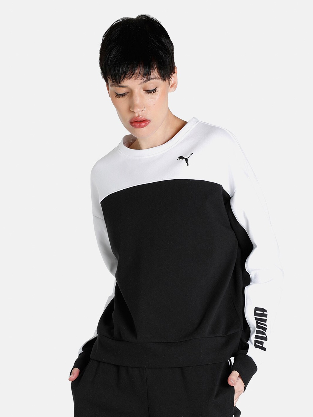 

Puma Women Relaxed Fit Colourblocked Cotton Sweatshirt, White