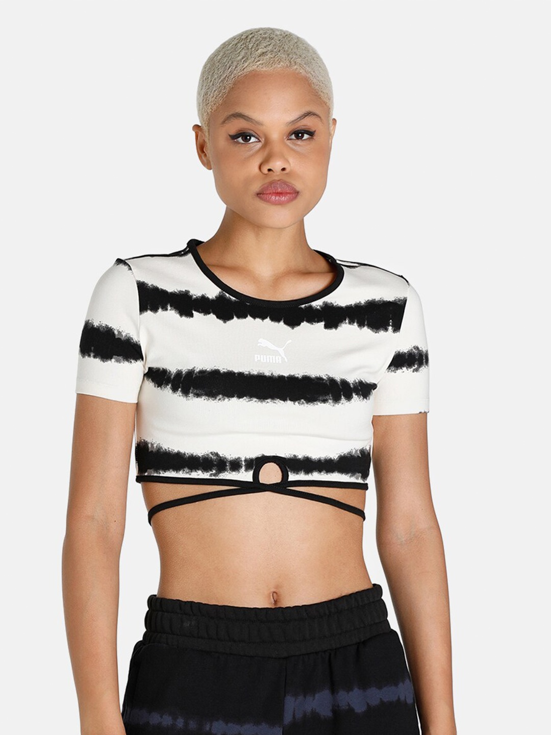 

Puma Women White & Black Dyed Round Neck Slim Fit T-shirt