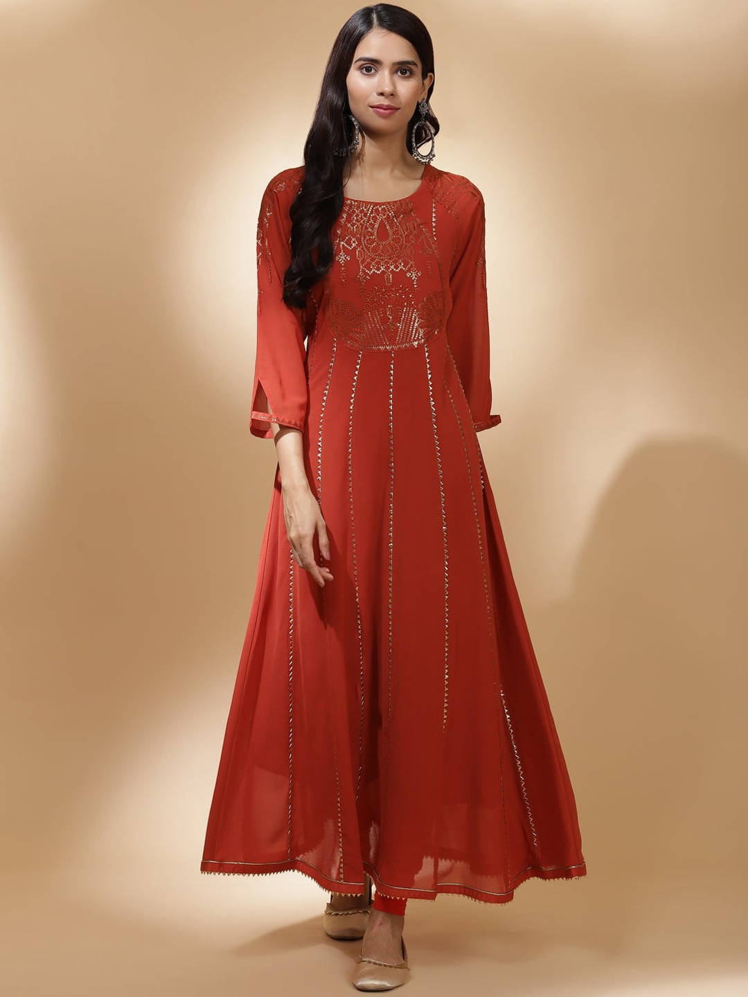 

Lakshita Women Orange Ethnic Motifs Yoke Design Georgette Anarkali Kurta