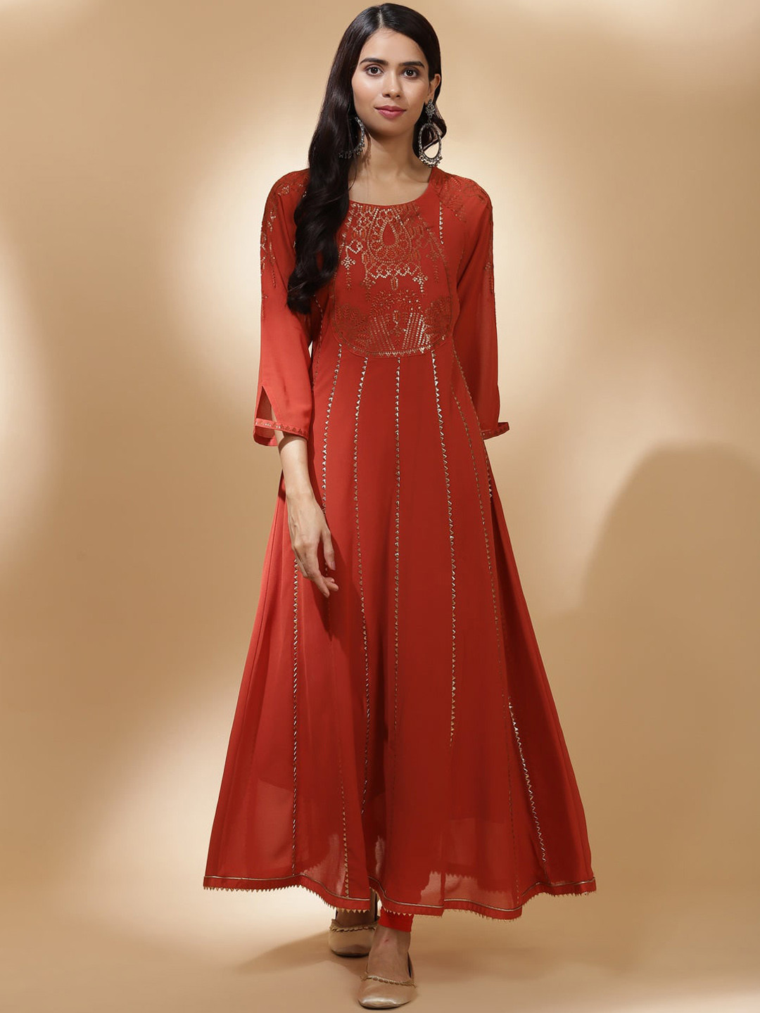 

Lakshita Women Orange Ethnic Motifs Yoke Design Georgette Anarkali Kurta
