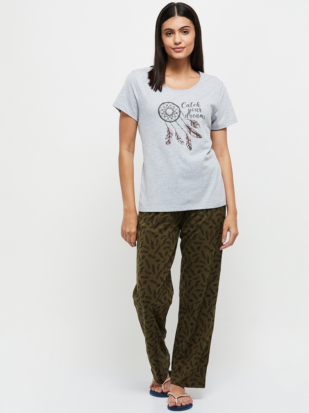 

max Women Grey Melange & Green Printed Night suit