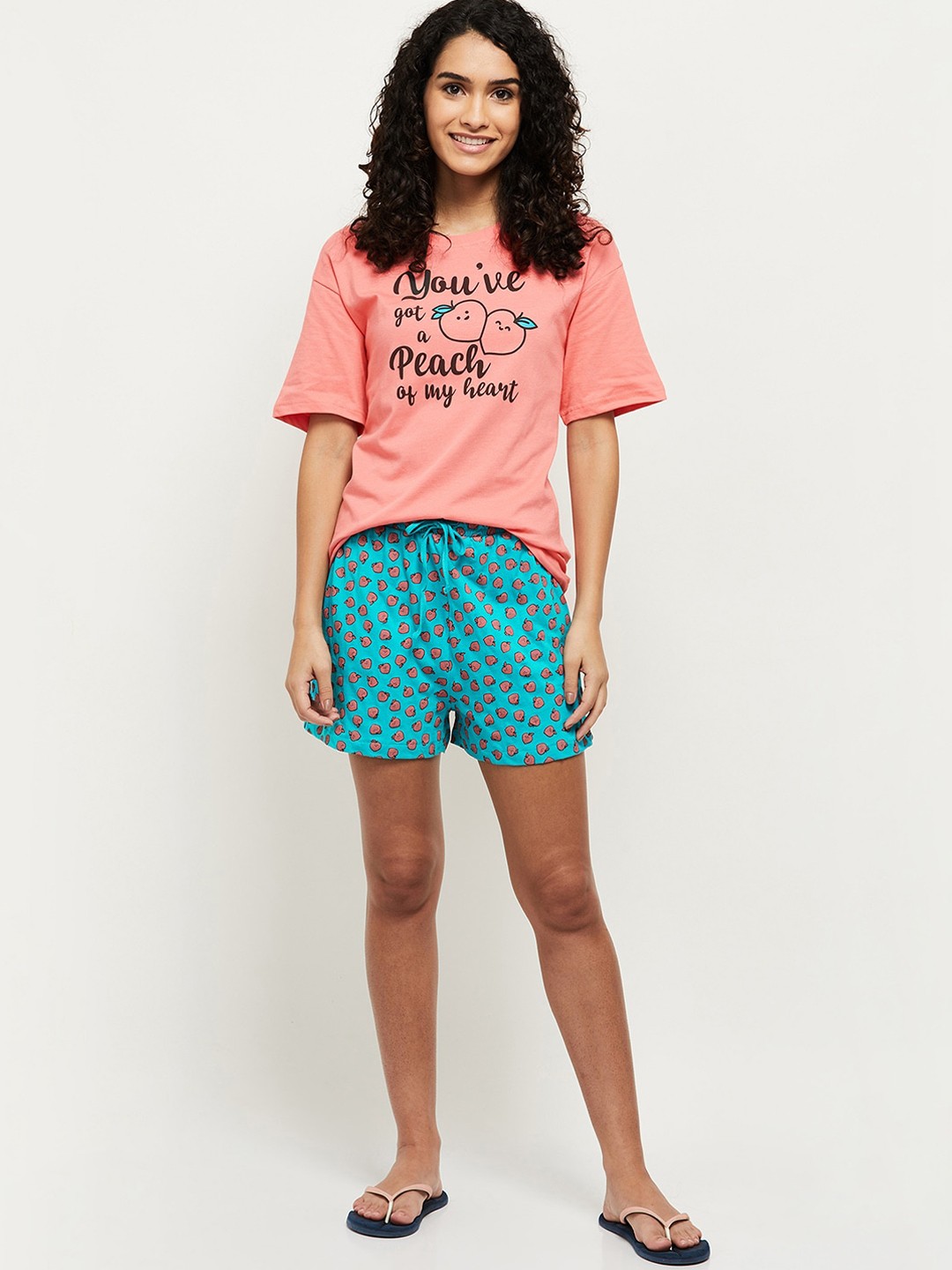 

max Women Peach-Coloured & Blue Printed Pure Cotton Shorts Night suit