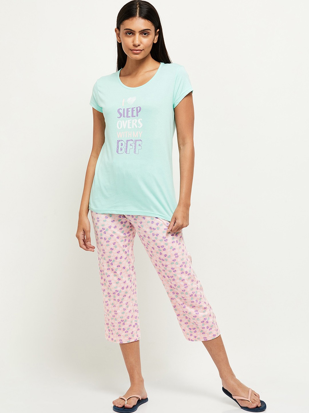 

max Women Sea Green & Pink Printed Pure Cotton Night suit