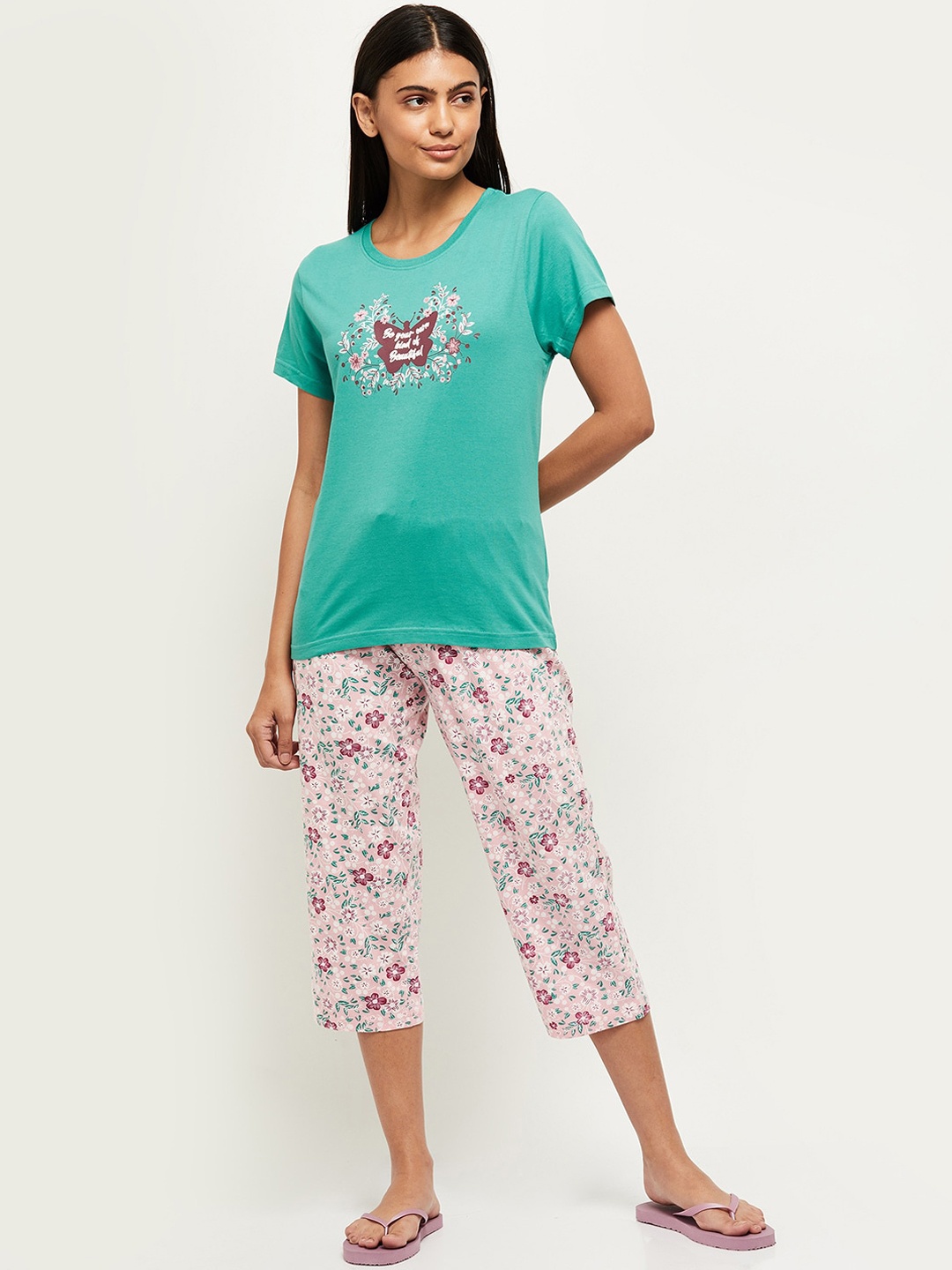 

max Women Teal & Pink Printed Pure Cotton Capri Night suit
