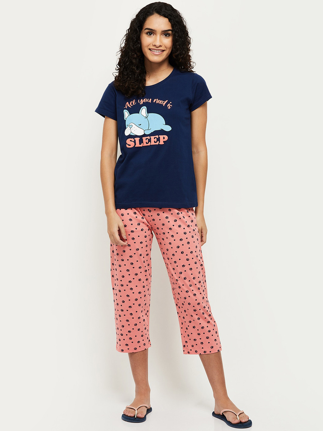 

max Women Navy Blue & Pink Printed Night suit