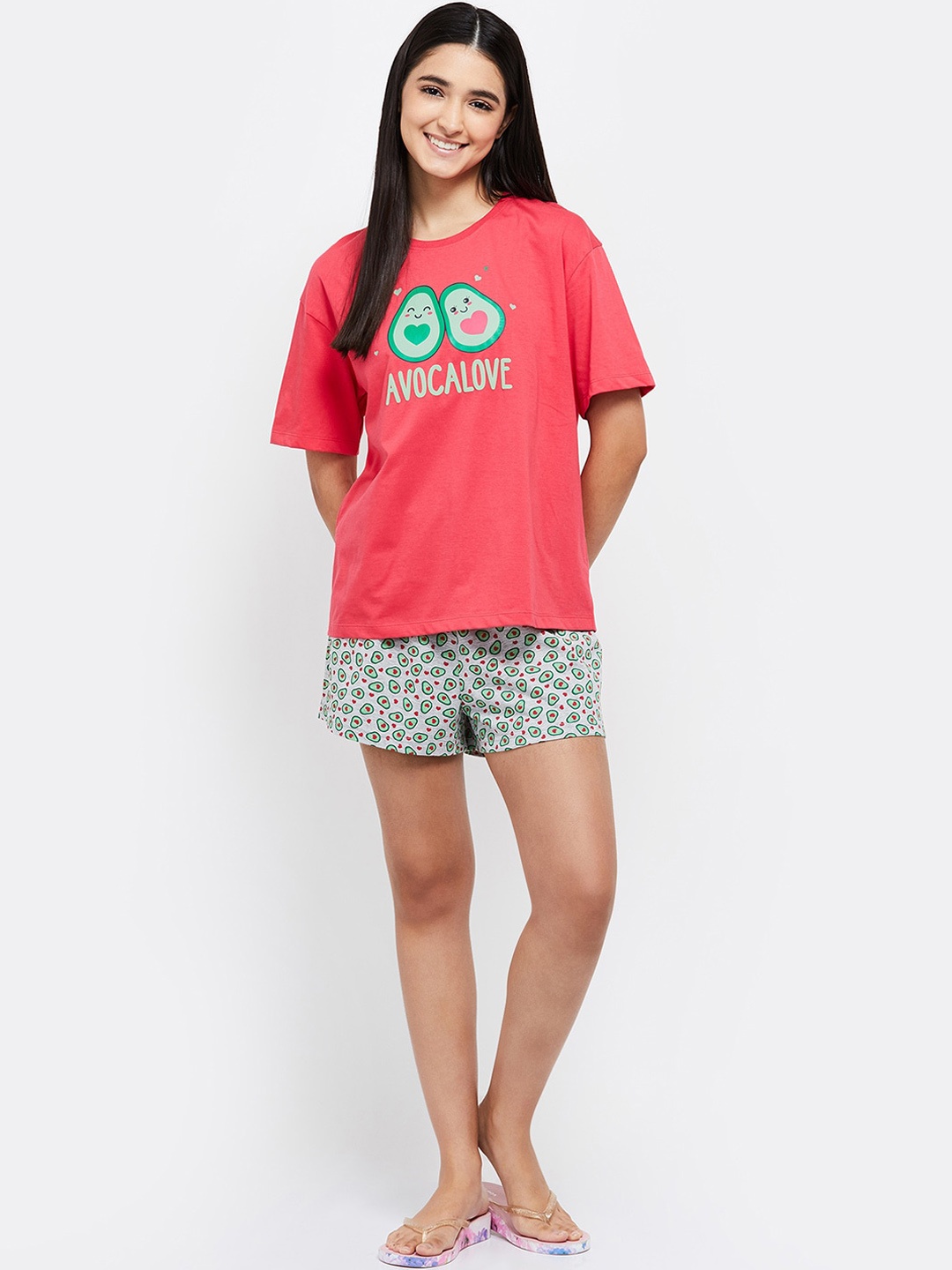 

max Women Pink & Grey Printed Pure Cotton Shorts Night suit