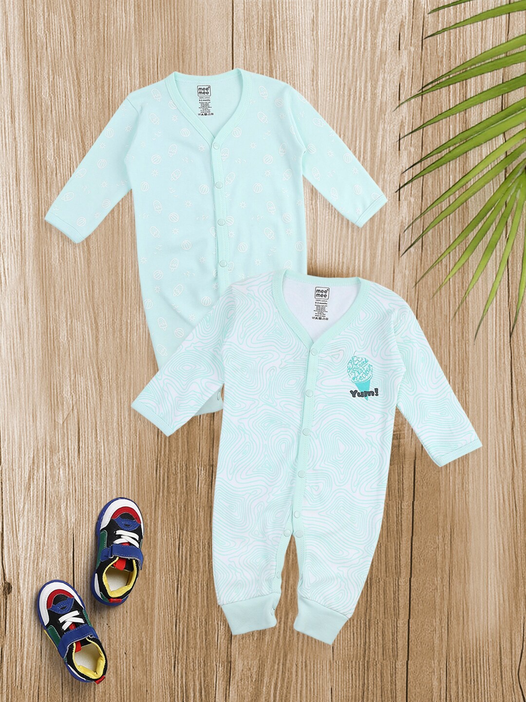 

MeeMee Infant Boys Sea Green & White Pack Of 2 Printed Cotton Rompers