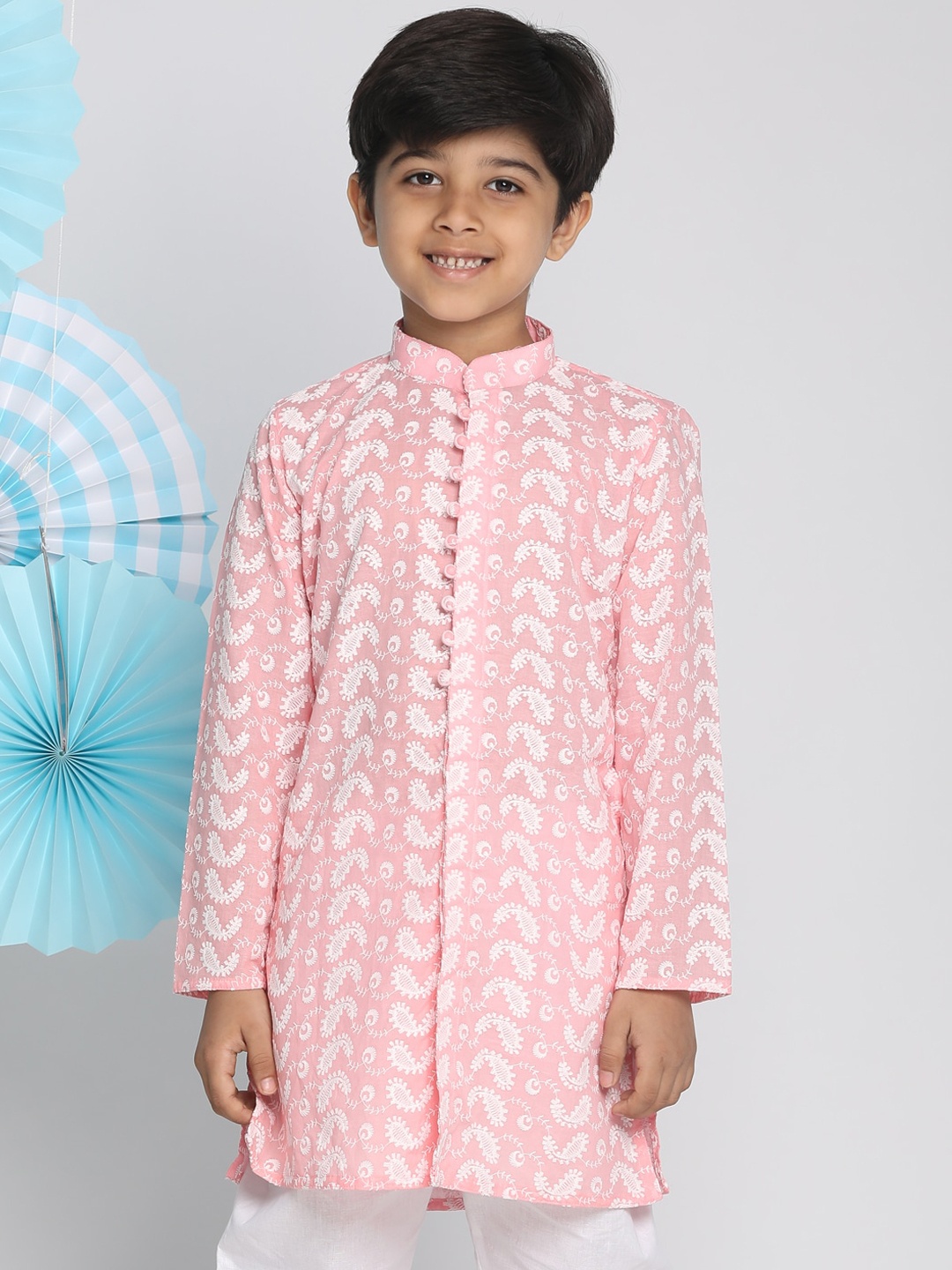 

VASTRAMAY Boys Pink Chevron Flared Sleeves Kurta