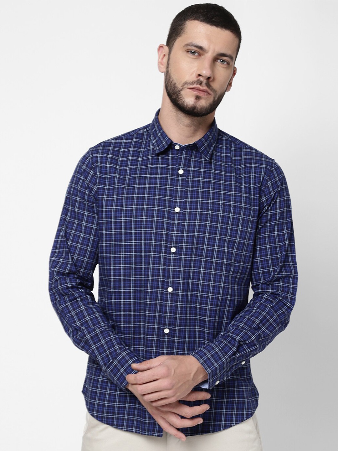 

AD By Arvind Men Navy Blue Grid Tattersall Checks Checked Casual Shirt