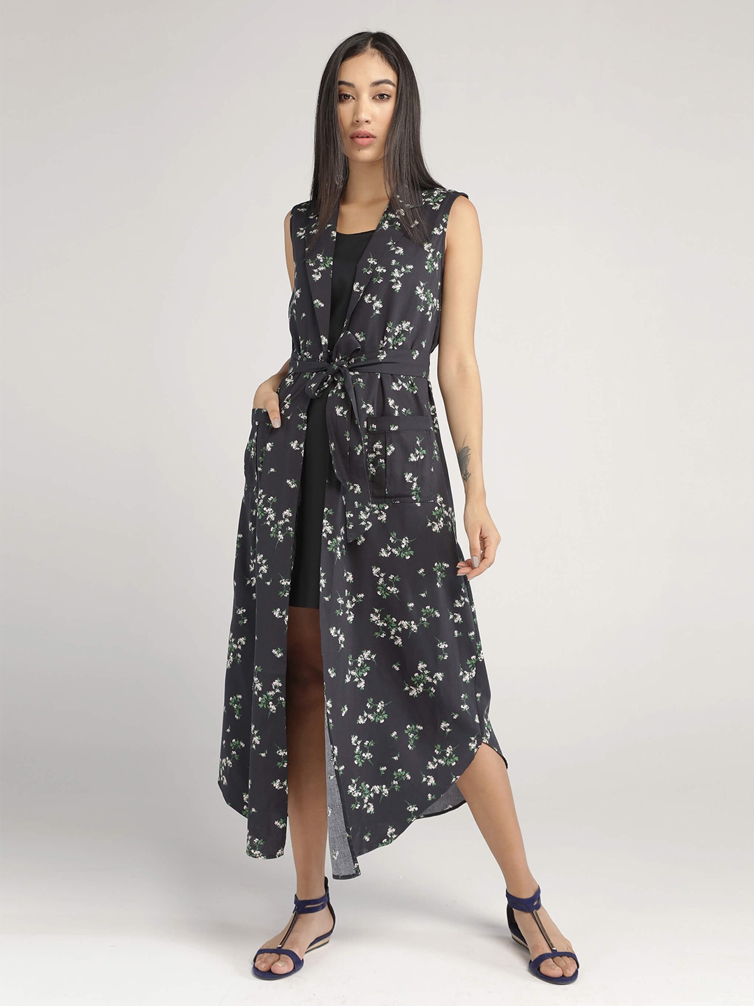 

IDK Women Black Floral Jacket Style Maxi Dress