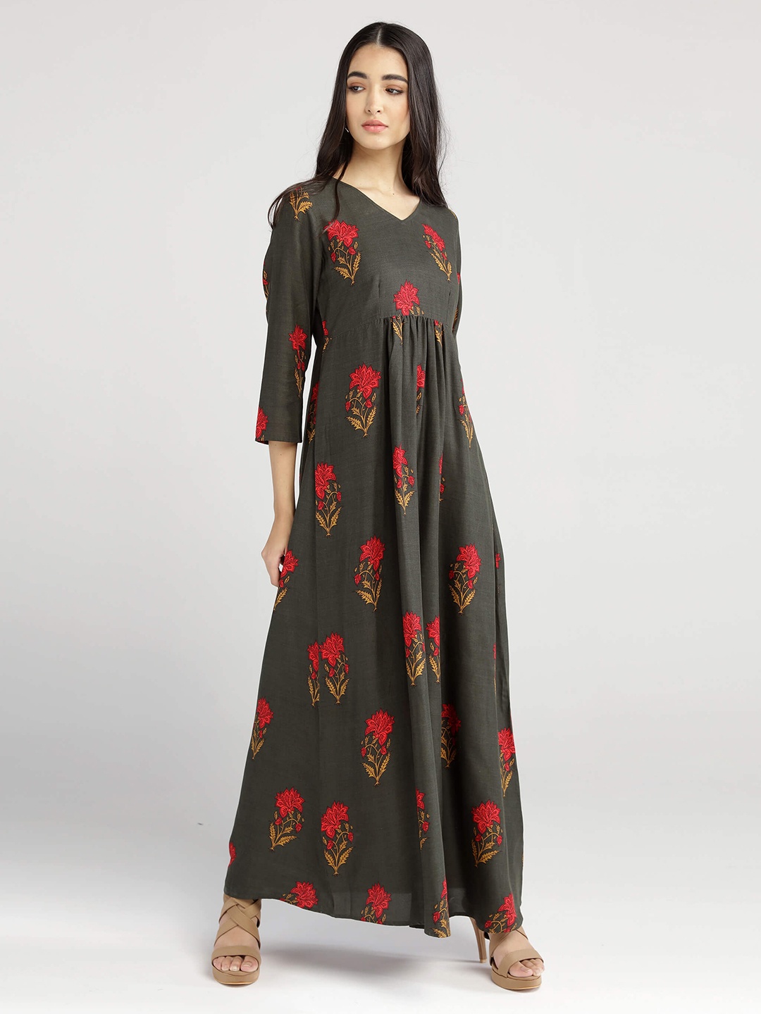 

IDK Olive Green Floral Printed Maxi Dress