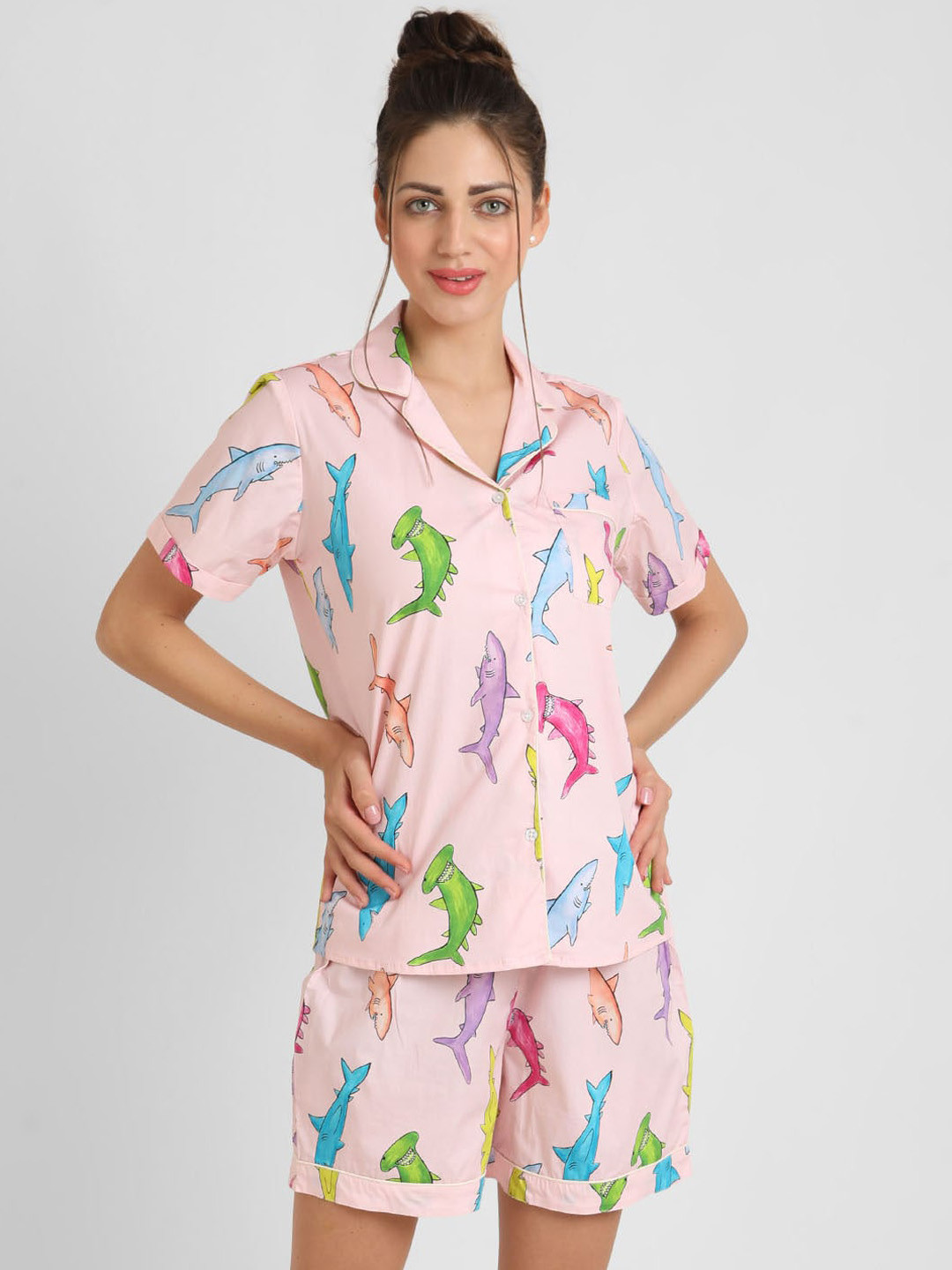

KOOCHI POOCHI Women Peach-Coloured & Blue Printed Pure Cotton Night suit