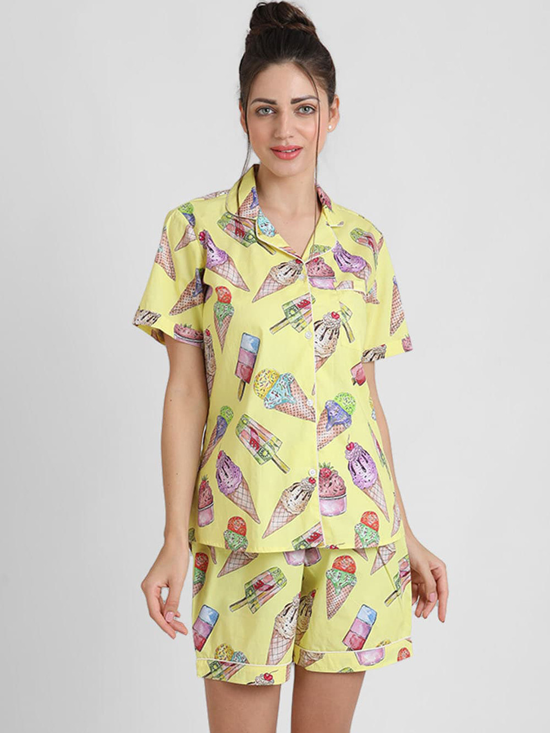 

KOOCHI POOCHI Women Yellow & Pink Printed Pure Cotton Shorts Night suit