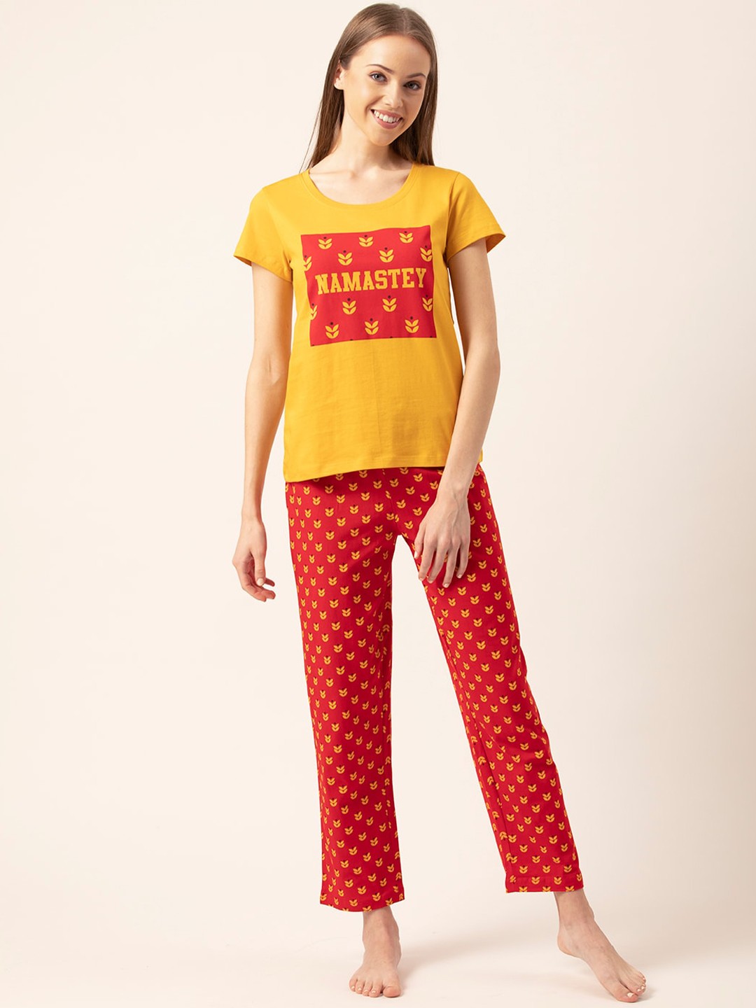 

Lounge Dreams Women Yellow & Red Printed Night suit