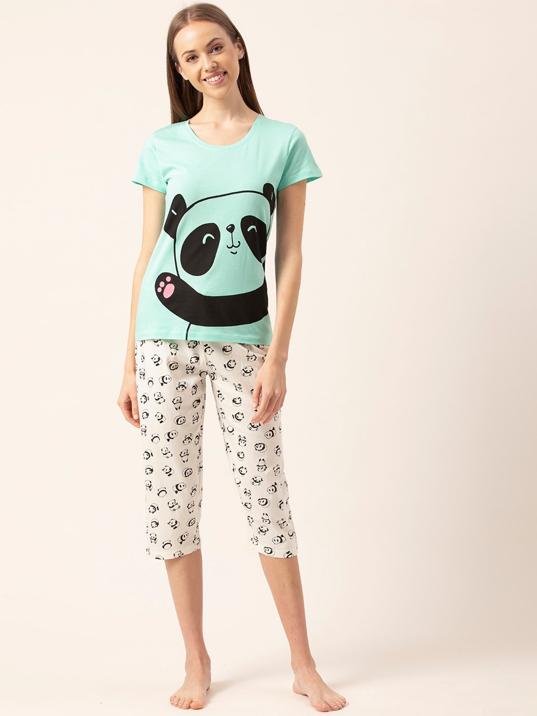 

Lounge Dreams Women Off White & Sea Green Printed Pure Cotton Capri Night suit