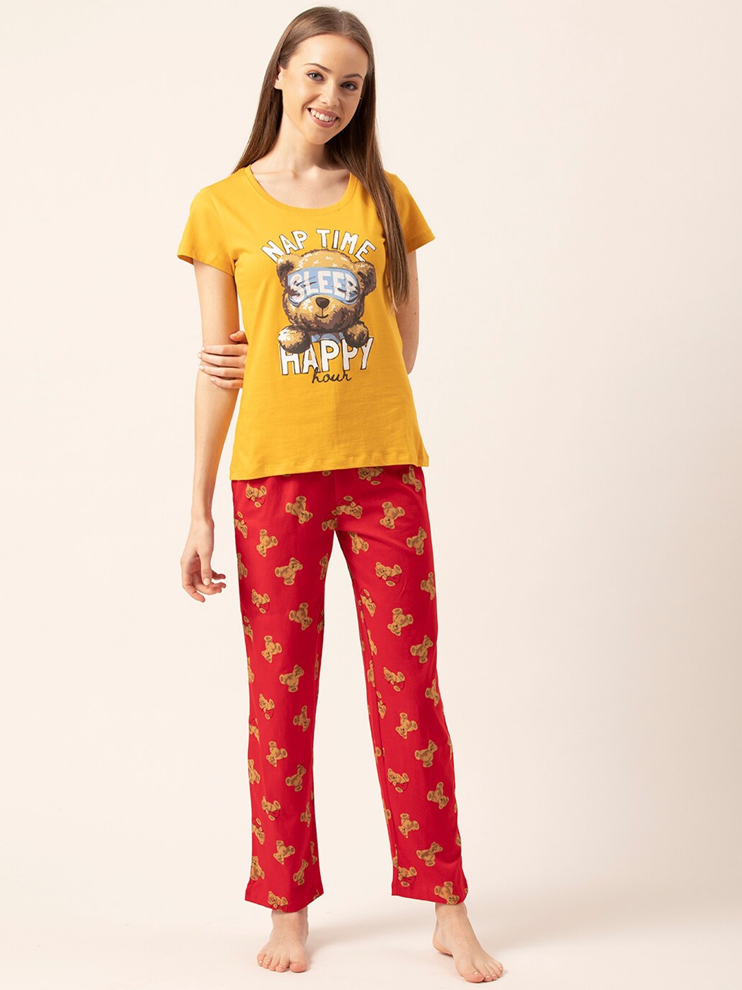 

Lounge Dreams Women Yellow & Red Printed Pure Cotton Night suit