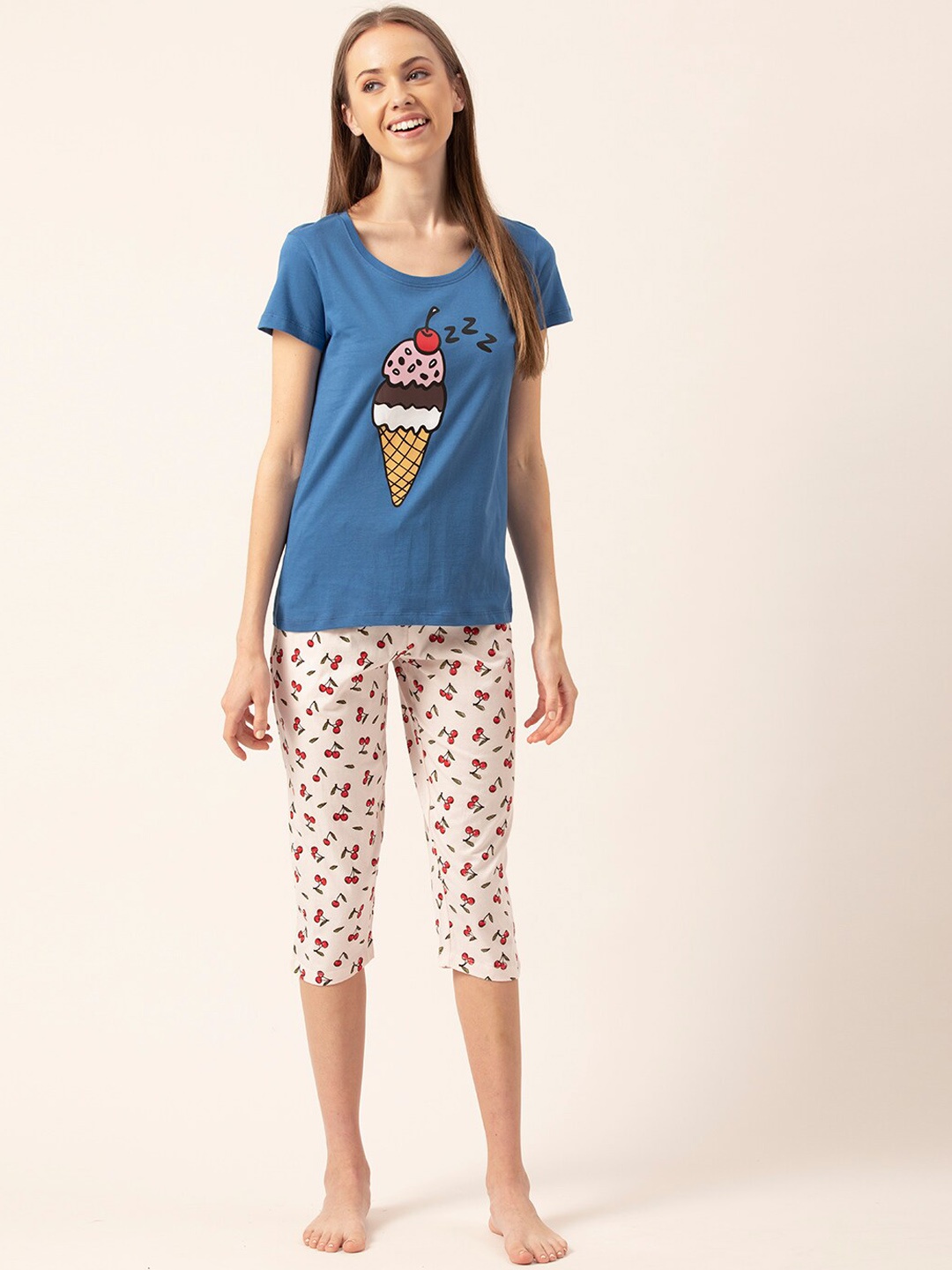 

Lounge Dreams Women Blue & Red Printed Pure Cotton Capri Night suit