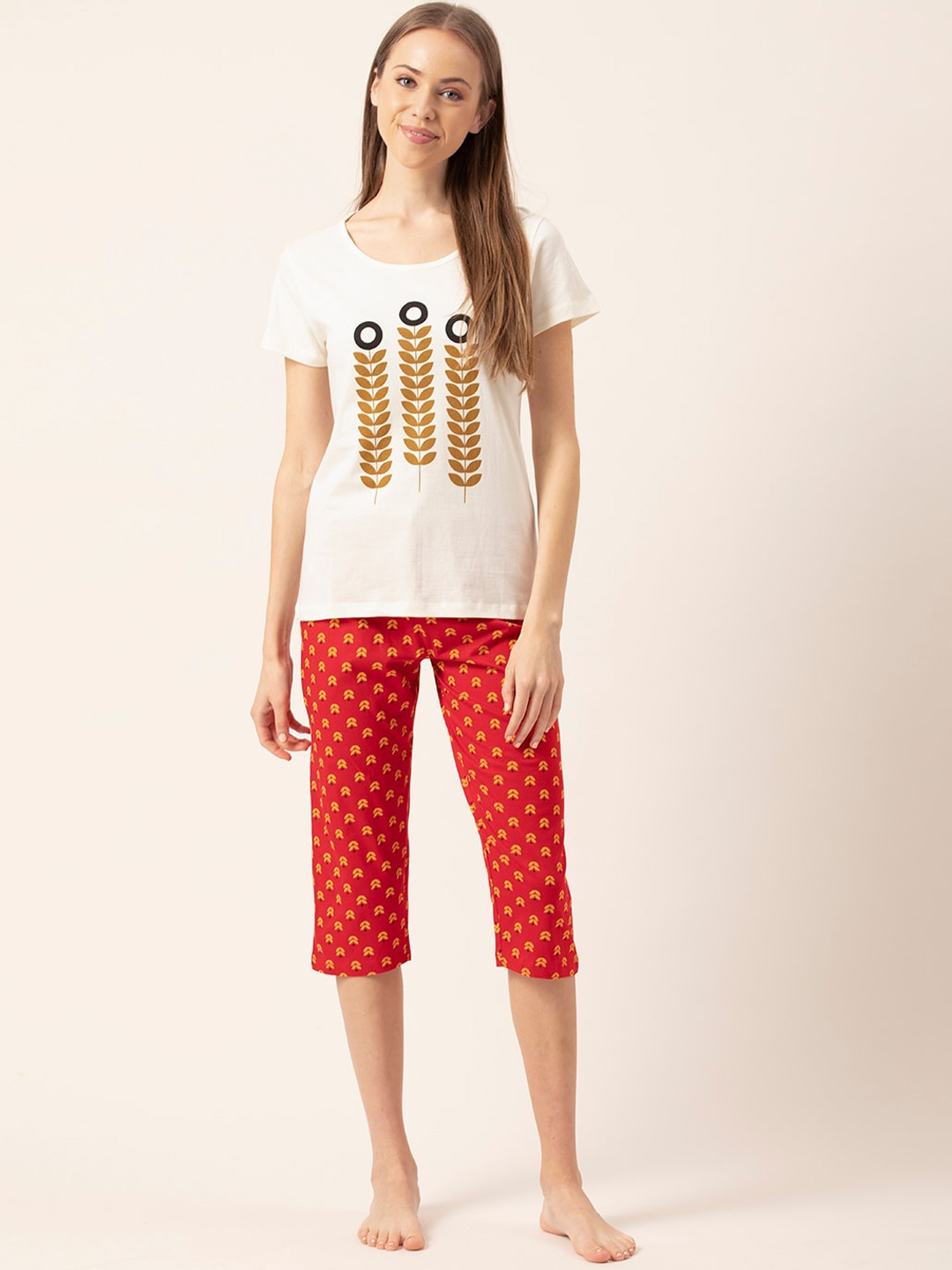 

Lounge Dreams Women White & Red Printed Cotton Night suit