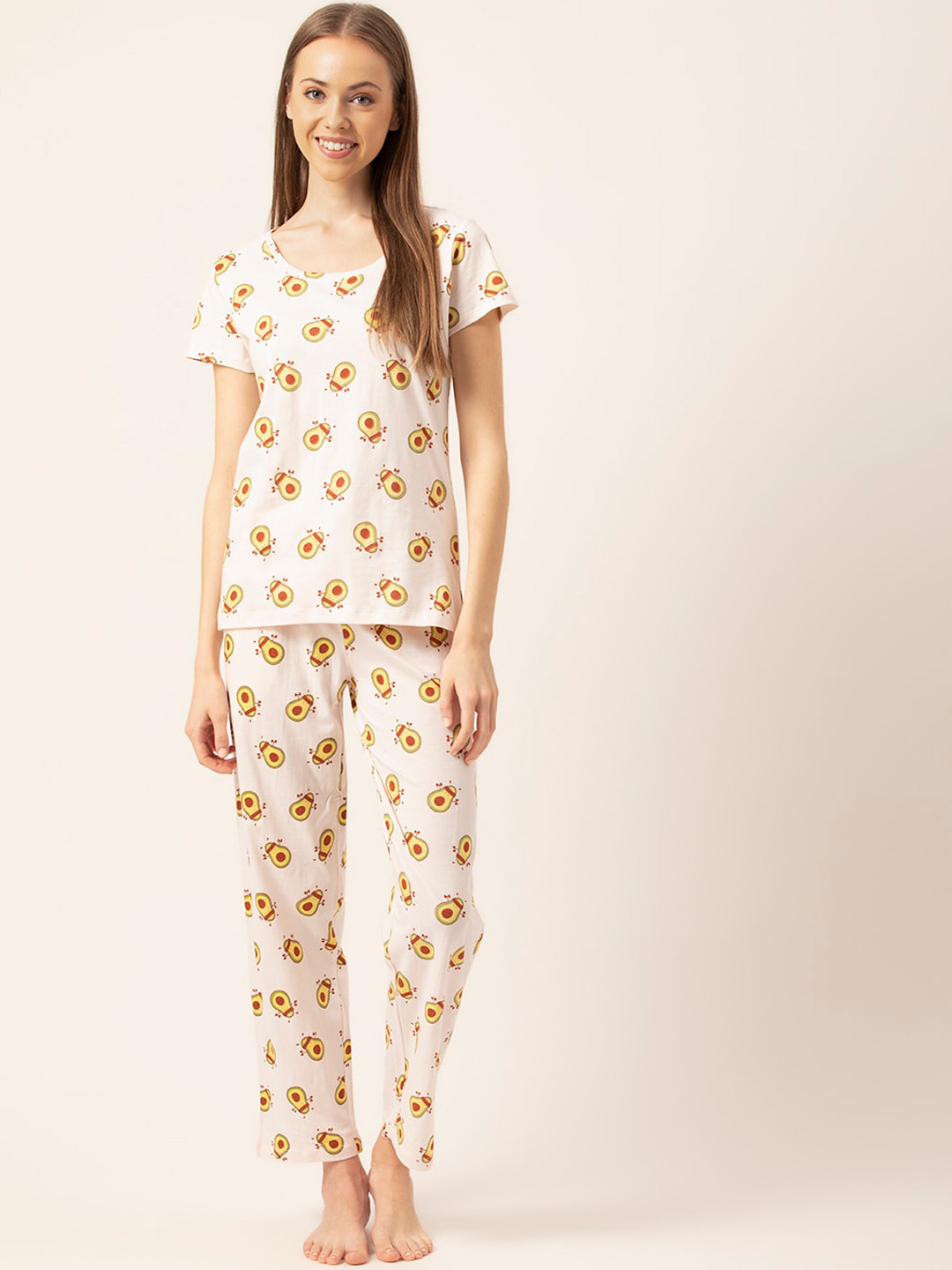 

Lounge Dreams Women Cream-Coloured & Red Printed Pure Cotton Night suit