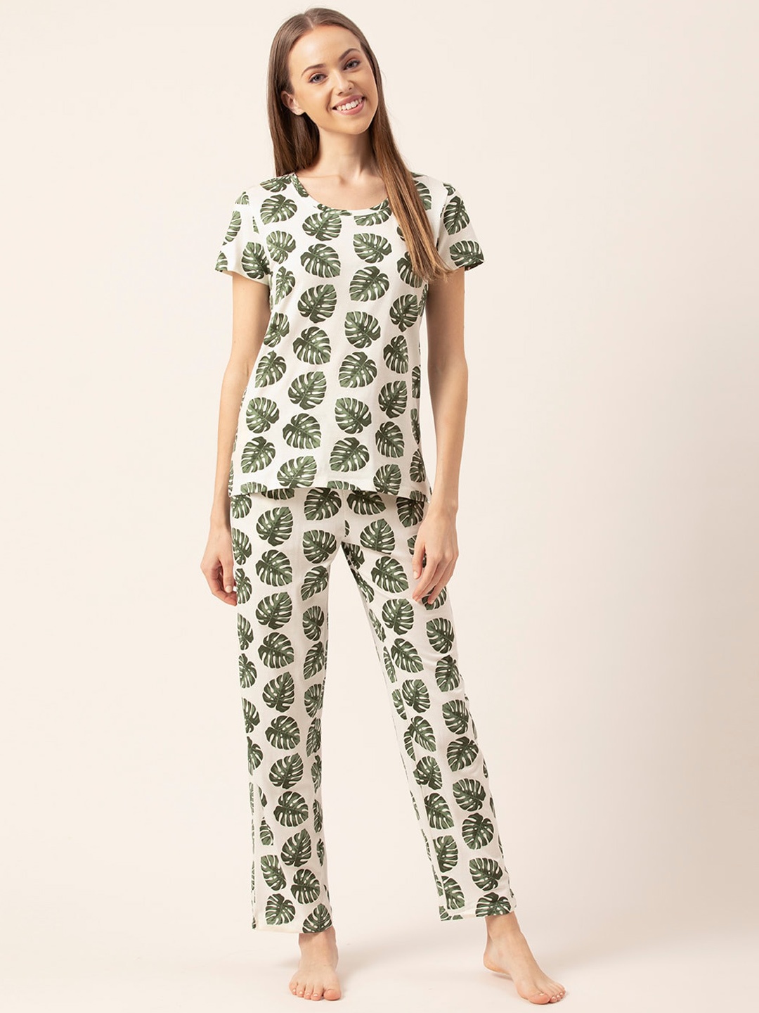 

Lounge Dreams Women Off White & Grey Printed Cotton Night suit