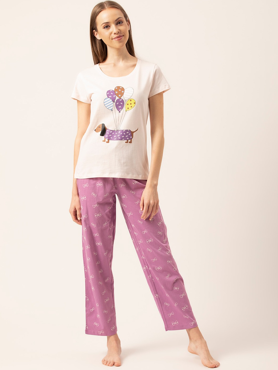 

Lounge Dreams Women Purple & White Printed Pure Cotton Night suit