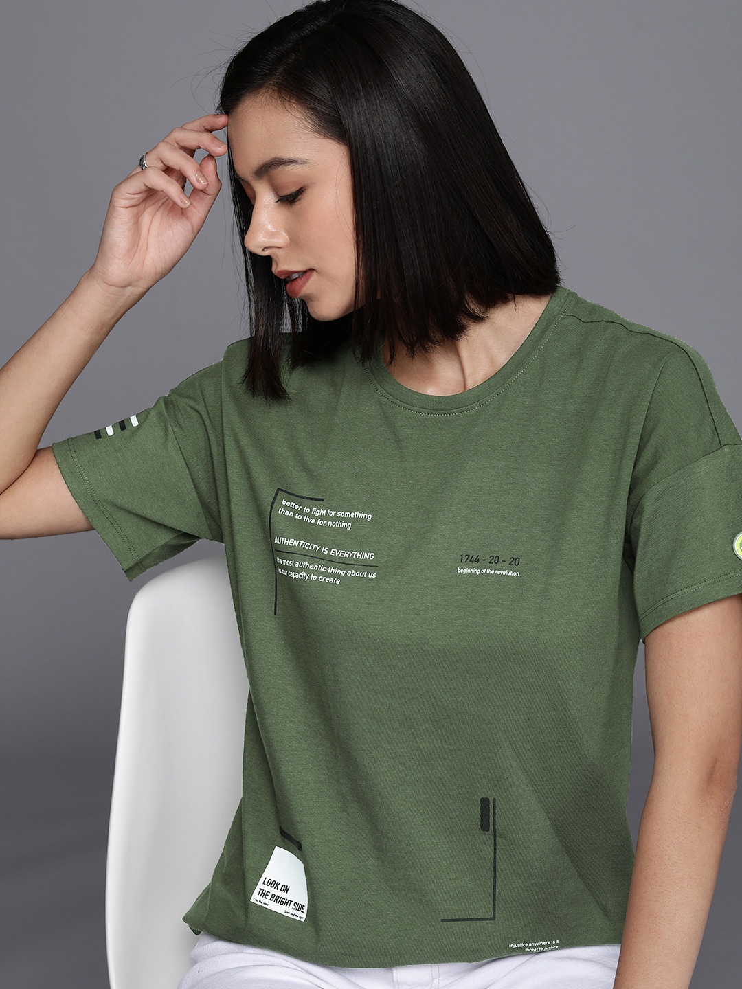 

Allen Solly Woman Women Olive Green Typography Printed Casual T-shirt