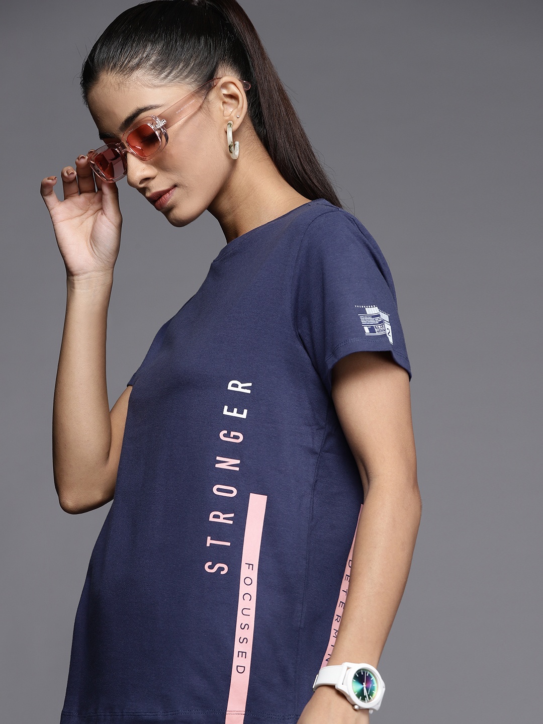 

Allen Solly Woman Women Navy Blue & Pink Typography Printed Indigo T-shirt