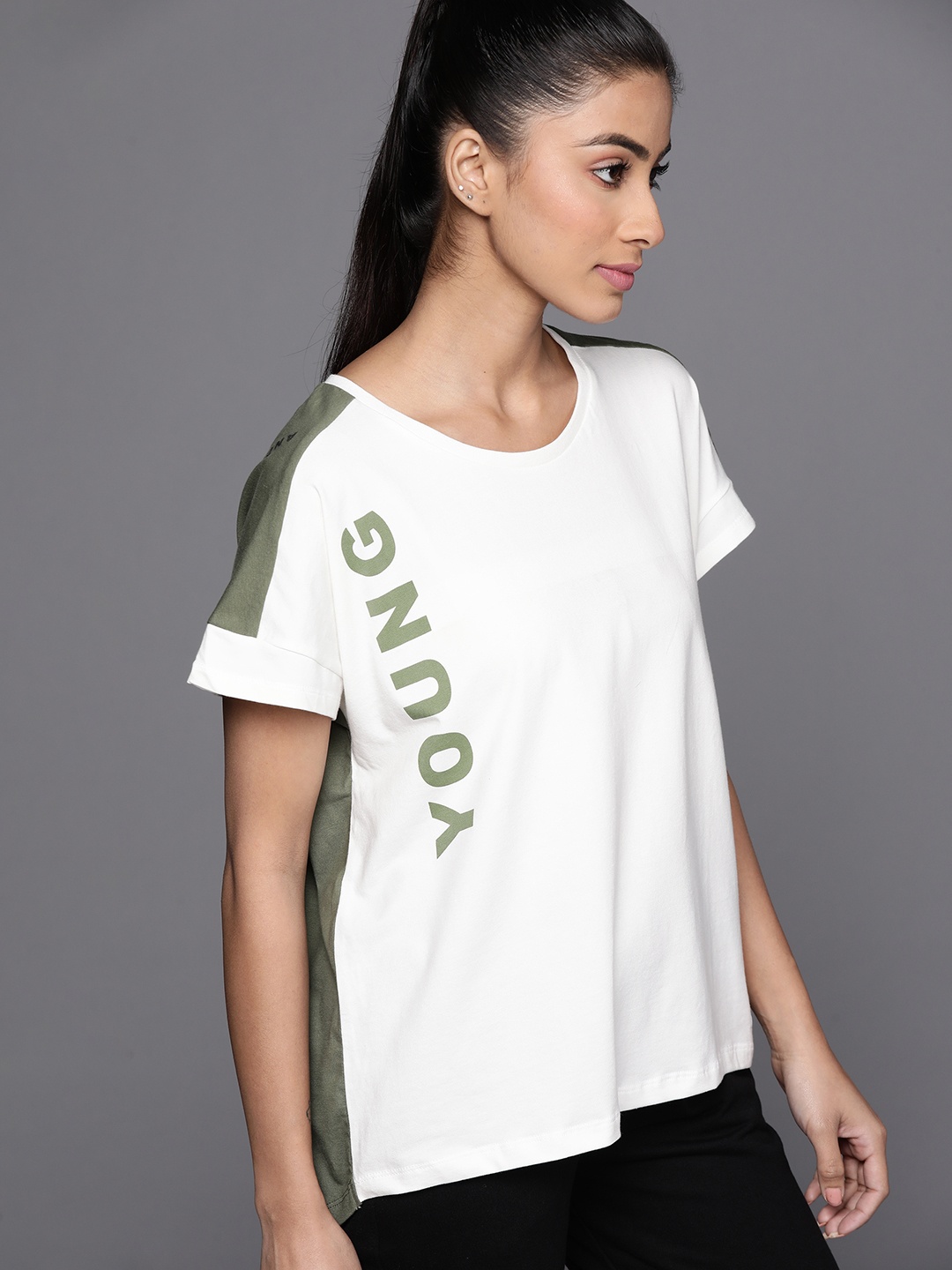 

Allen Solly Woman Women White & Olive Green Printed Athleisure T-shirt