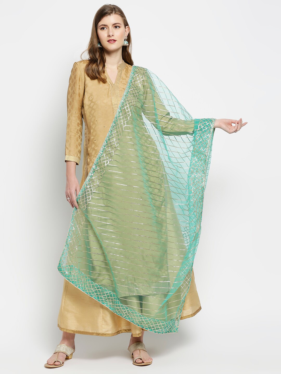 

Dupatta Bazaar Sea Green & Gold-Toned Embroidered Dupatta with Gotta Patti