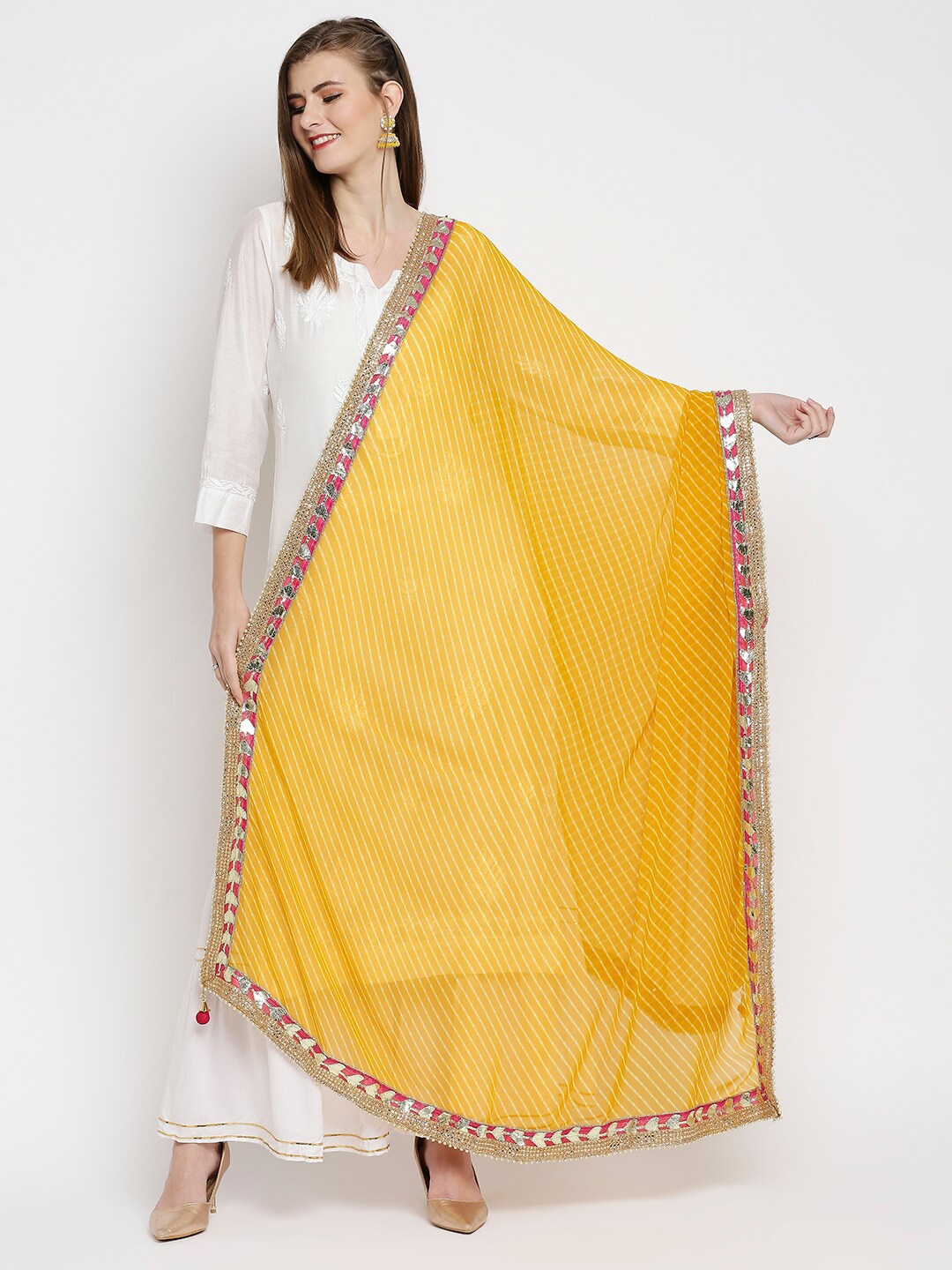 

Dupatta Bazaar Mustard & Pink Dyed Leheriya Dupatta with Gotta Patti