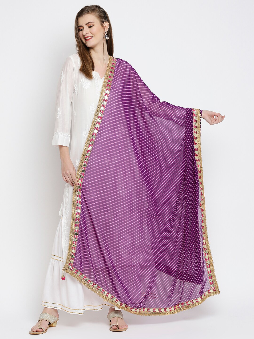 

Dupatta Bazaar Purple & Gold-Toned Dyed Leheriya Dupatta with Gotta Patti