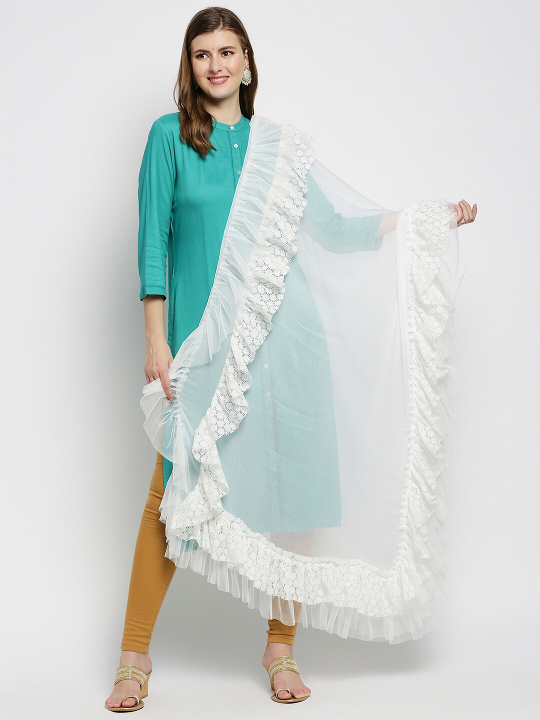 

Dupatta Bazaar Women White Solid Ruffles Net Dupatta
