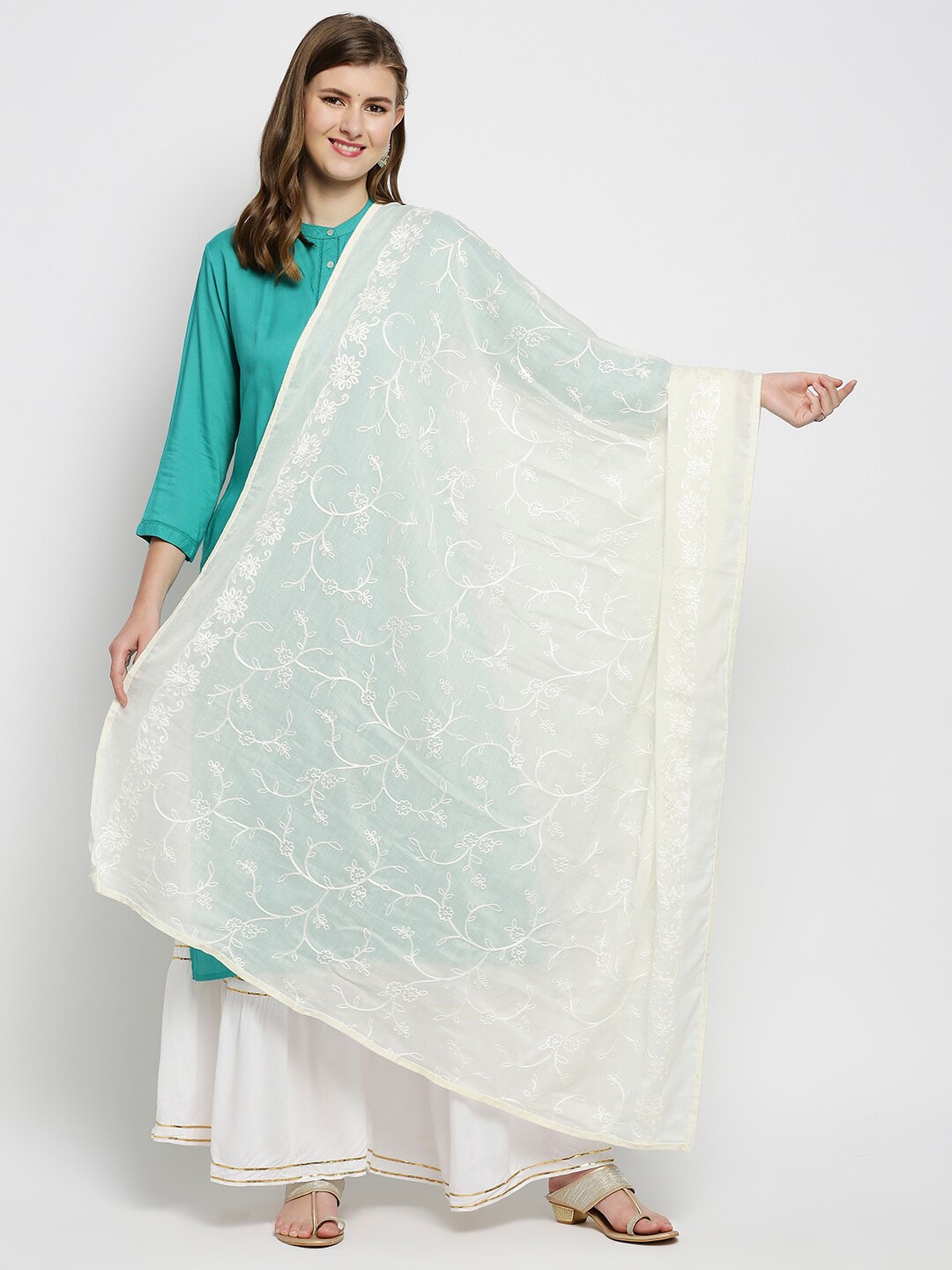 

Dupatta Bazaar Cream-Coloured Embroidered Dupatta with Thread Work