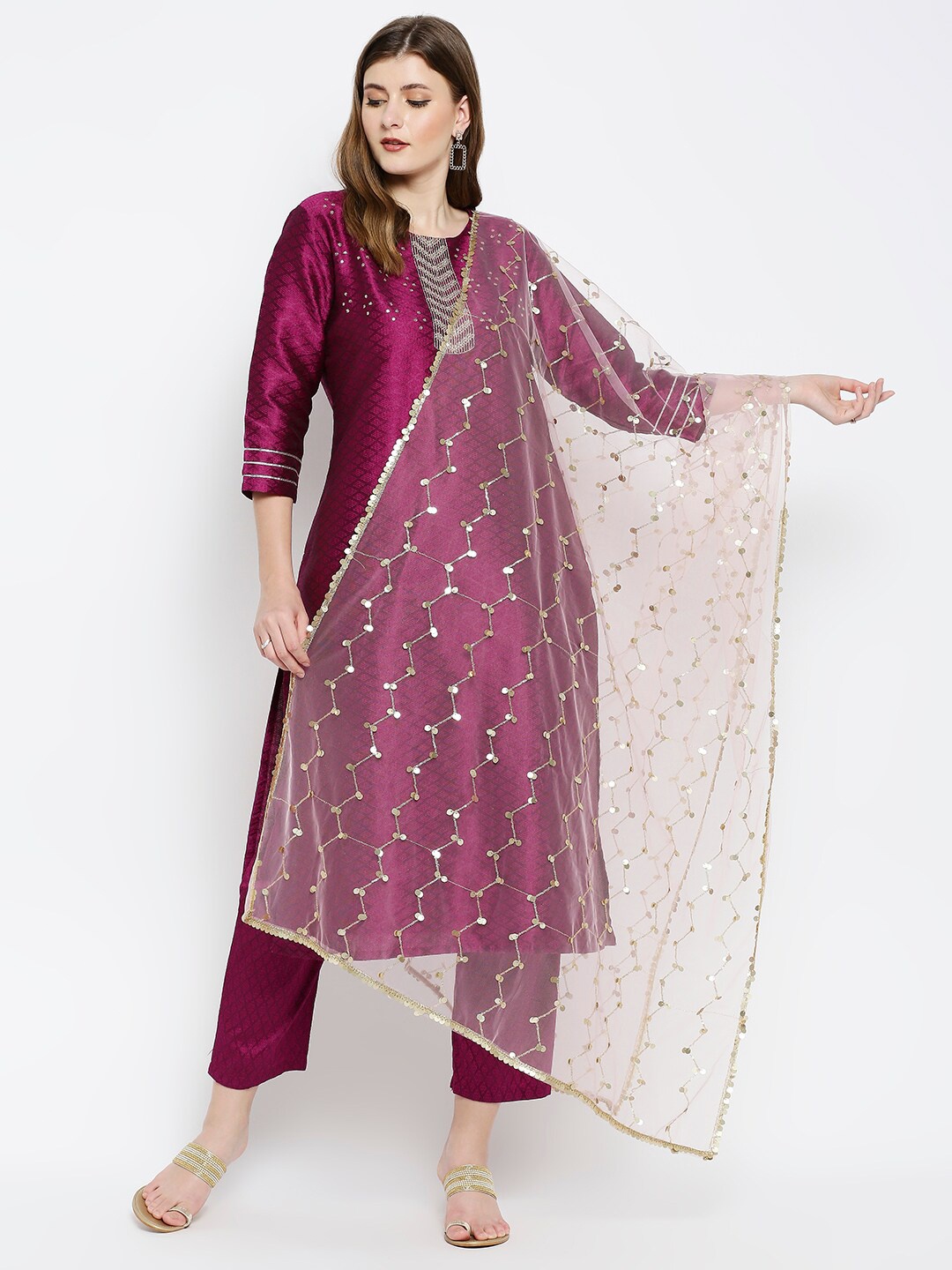 

Dupatta Bazaar Pink & Gold-Toned Ethnic Motifs Embroidered Dupatta with Sequinned