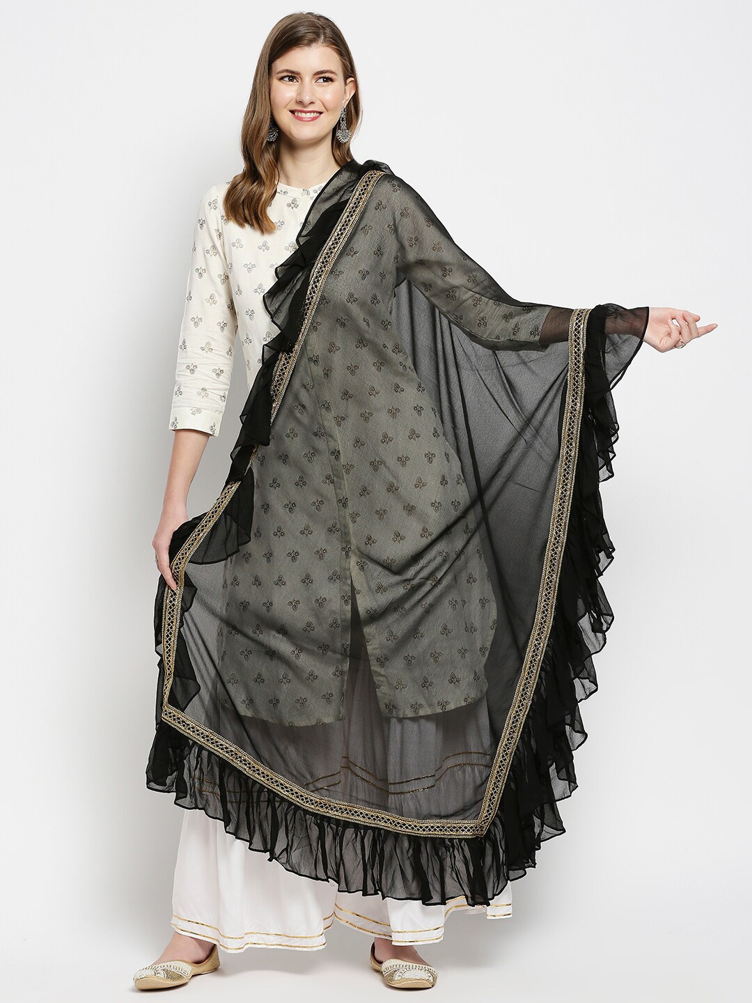 

Dupatta Bazaar Women Black Solid Ruffles Chiffon Dupatta