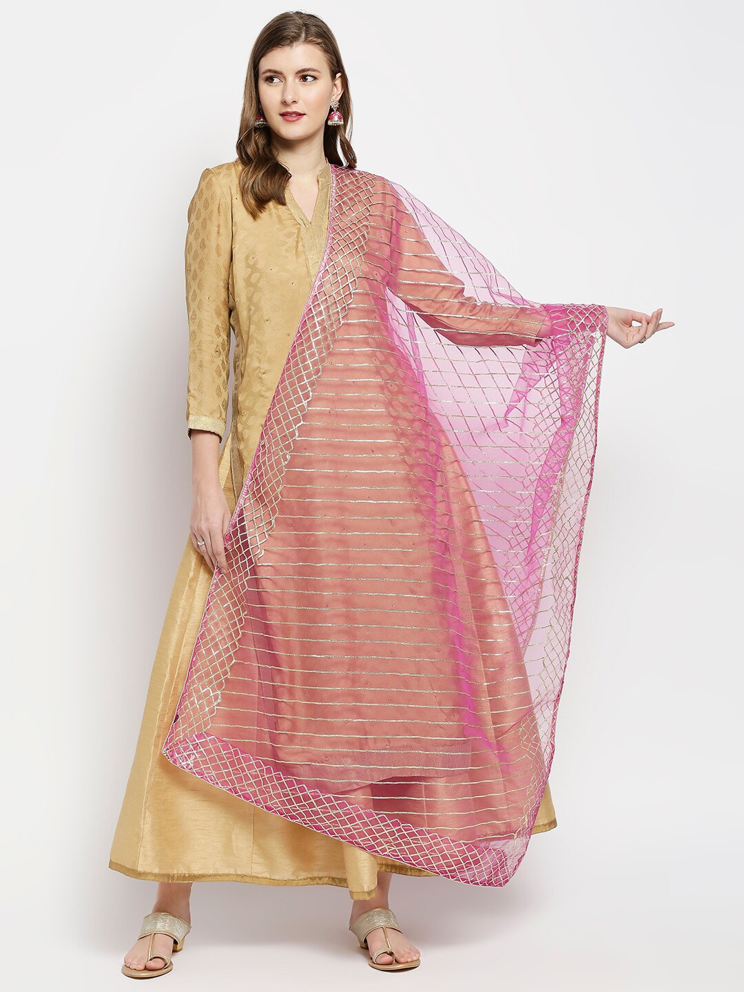 

Dupatta Bazaar Pink & Gold-Toned Embroidered Dupatta with Gotta Patti