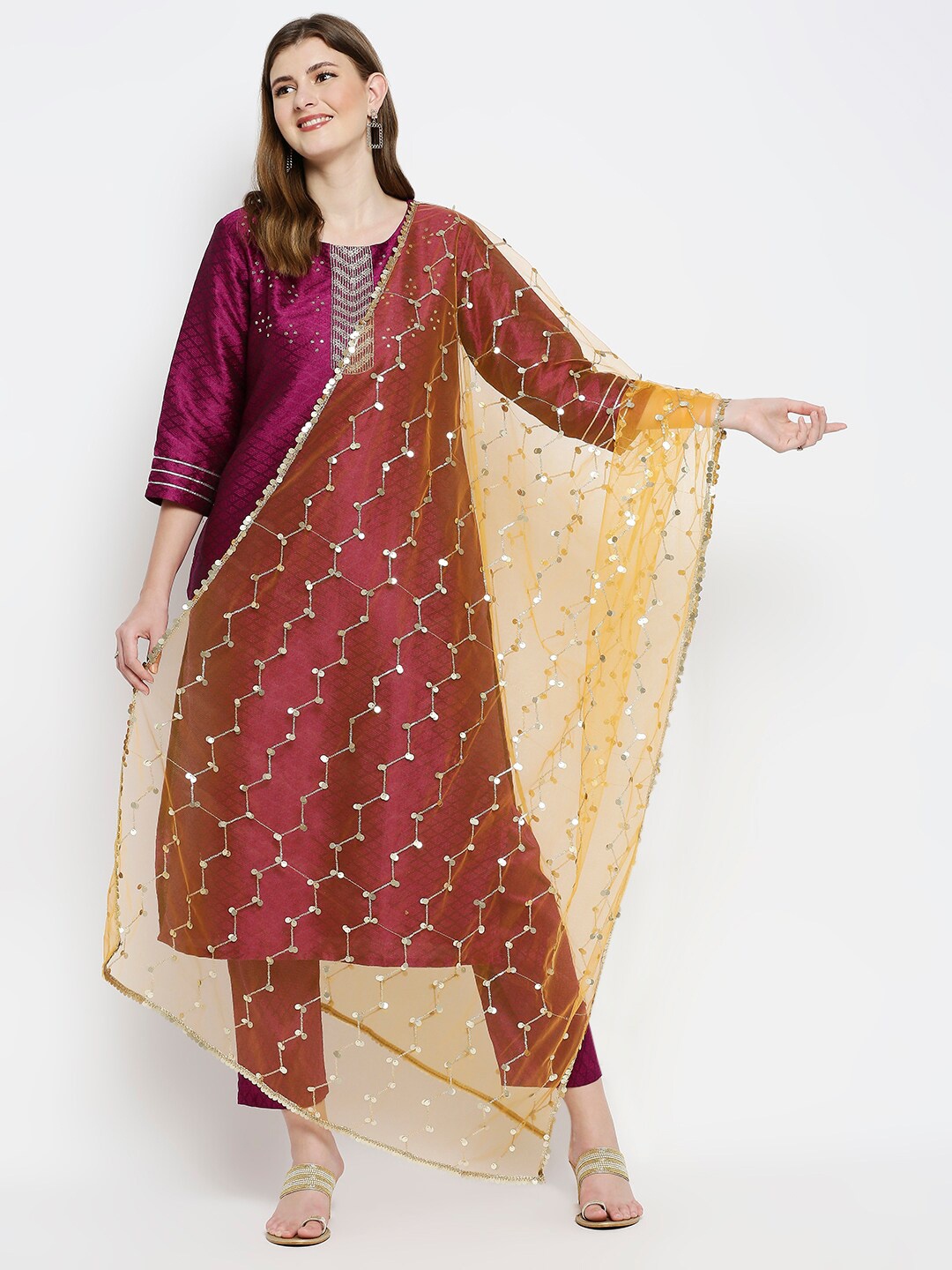 

Dupatta Bazaar Yellow & Silver-Toned Ethnic Motifs Embroidered Dupatta with Sequinned