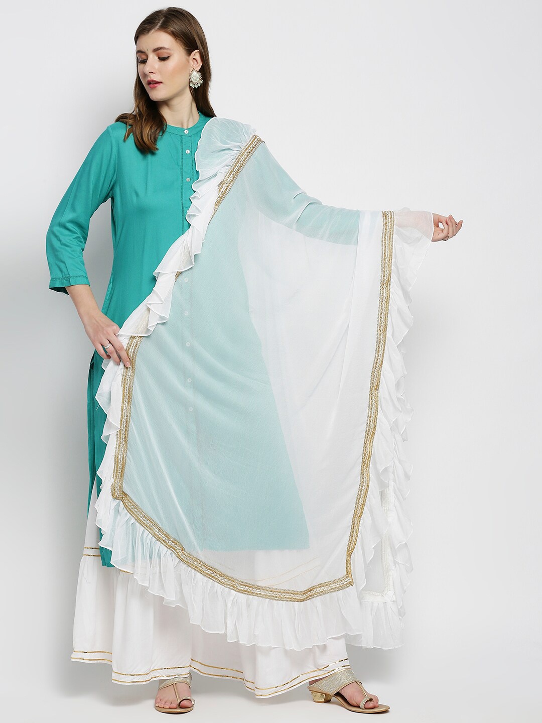 

Dupatta Bazaar Women White & Beige Solid Ruffles Chiffon Dupatta