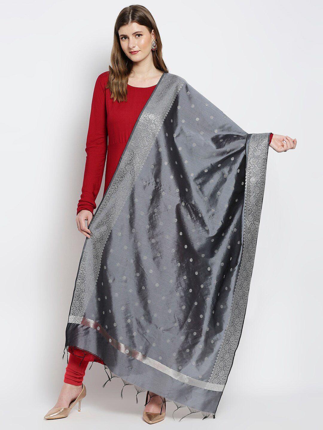 

Dupatta Bazaar Women Grey Woven Design Silk Dupatta