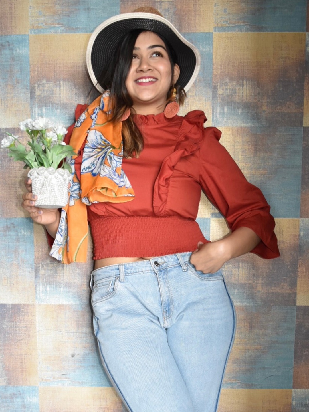 

Tokyo Talkies Orange Ruffles Blouson Top