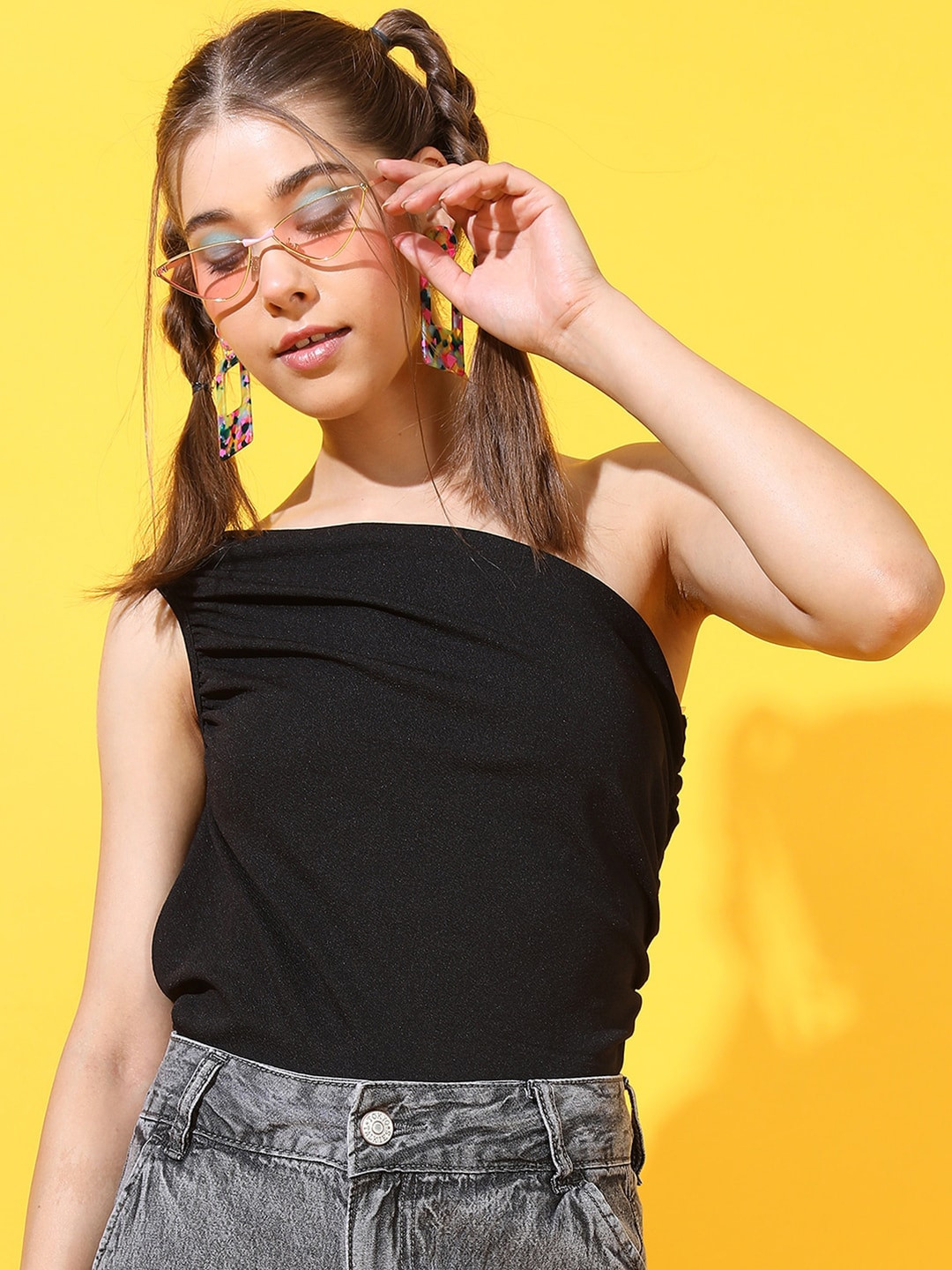 

Tokyo Talkies Black One Shoulder Crepe Bardot Top
