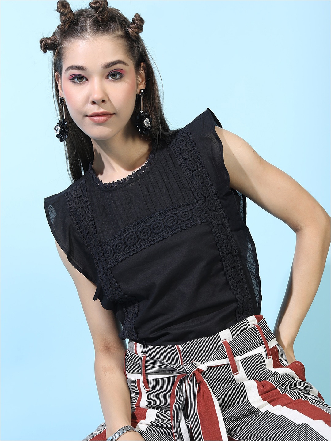 

Tokyo Talkies Women Black Lace Cotton Top