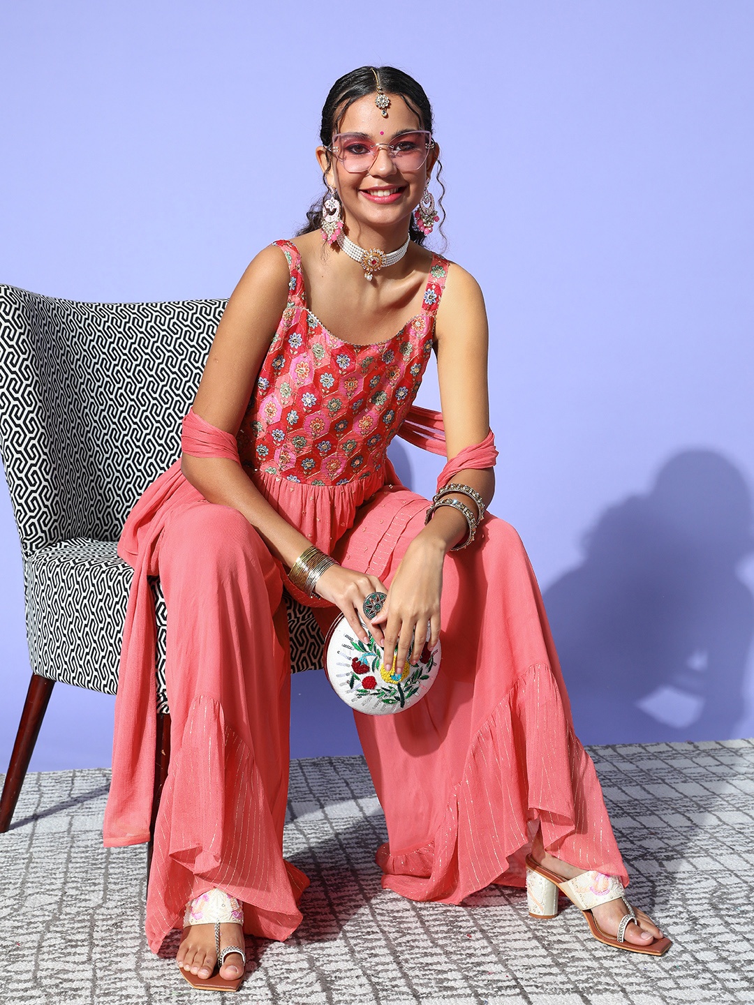 

ZOLA Women Pink Floral Embroidered Kurti with Palazzos & Dupatta
