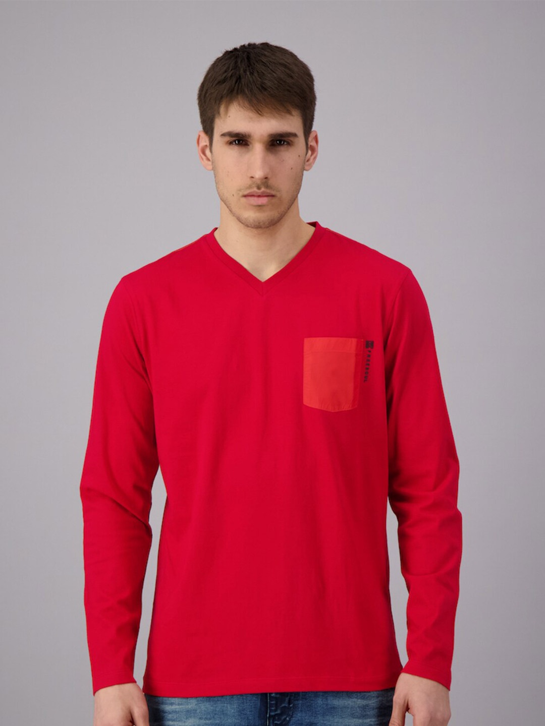 

FREESOUL Men Red V-Neck Pure Cotton T-shirt